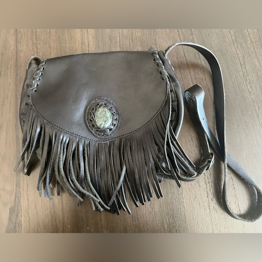 Leather Fringe Crossbody Purse with Jade Stone